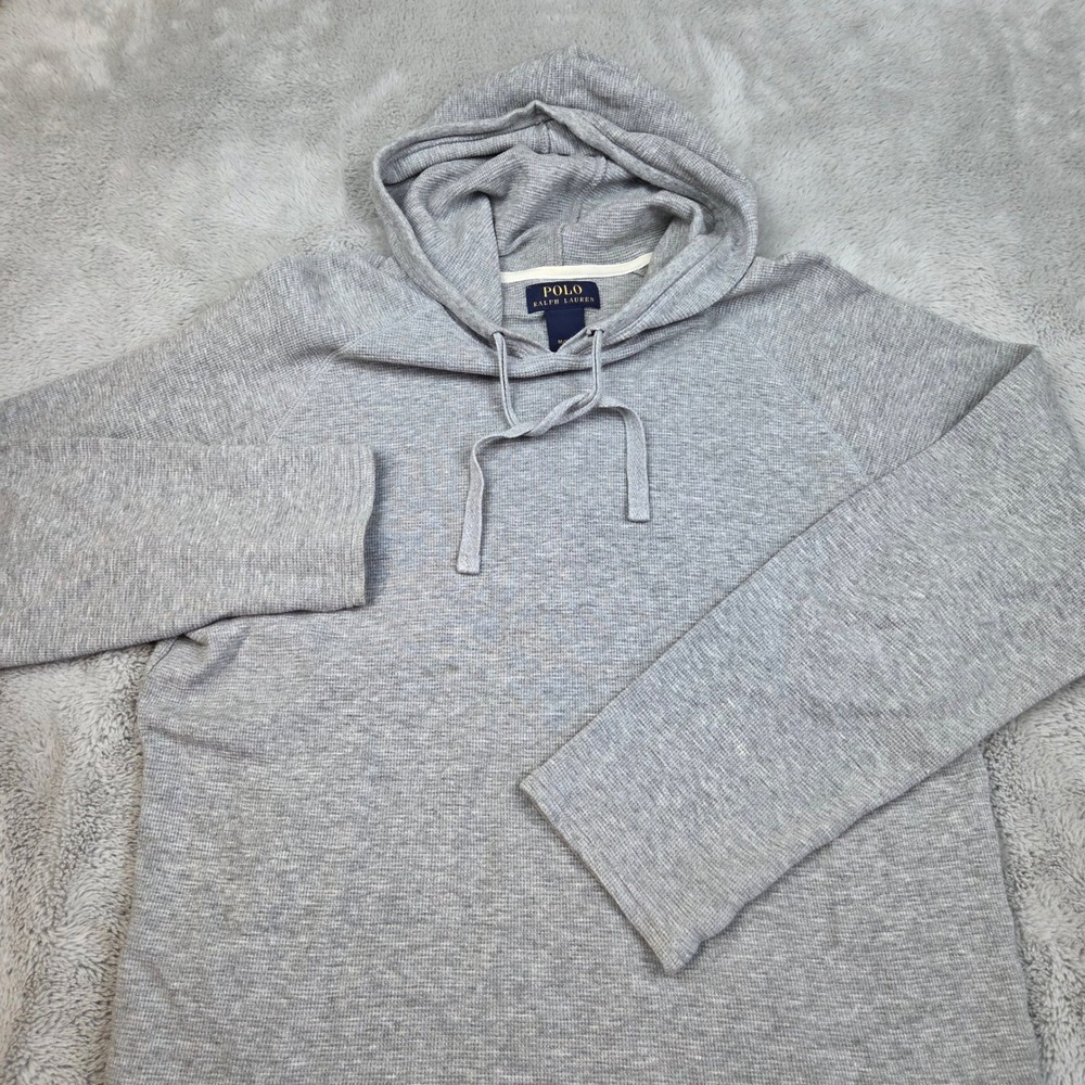 Polo Ralph Lauren Waffle Knit Hoodie Mens M Cotton Thermal Pullover Light Grey